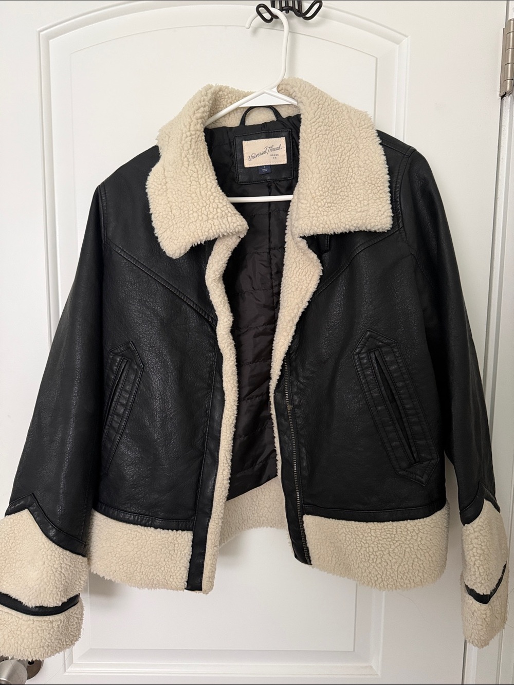 Black Faux Leather Jacket with Cream Sherpa Trim- size S